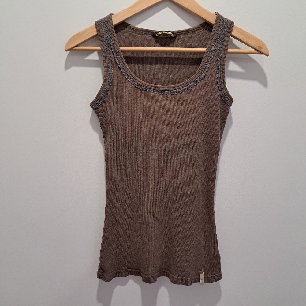 Vtg Groggy Brown w/Lace Trim Y2K Skater Streetwear Grunge Indie TankTop Womens S